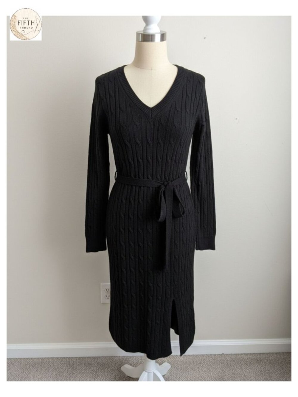 MEROKEETY Cable Knit Midi Sweater Dress Belted V Neck Long Sleeve